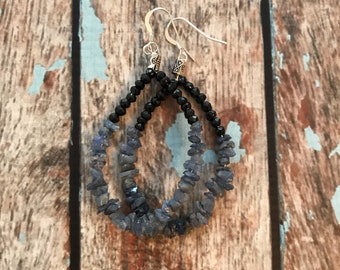Raw Rustic Sapphire, Onyx and Fine/Sterling Silver Earrings - Free U.S. Shipping