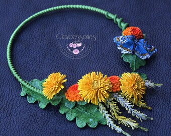 Dandelions necklace Floral necklace Butterfly necklace Botanical choker Choker necklace Statement necklace Bib necklace Polymer clay jewelry