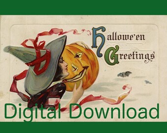 Vintage Halloween Card Digital Download Greetings with Witch and Pumpkin Jack-O-Lantern Antique Vintage Postcard - Clip Art - Image