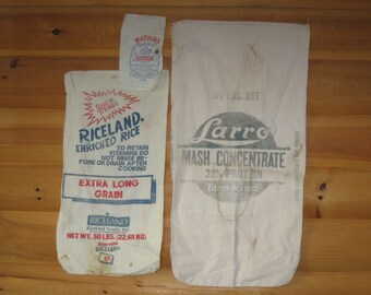 Feed Bags; Riceland, Larro, Watkins, Cotton/Muslin, Lot of 3