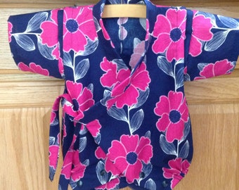 Poppies Baby Kimono, Pink Baby Kimono, Blue Baby Kimono, Japanese Baby Kimono, Baby Kimono, Baby Jinbei, 0-3 Mo, 3-6 Mo, 6-12 Mo