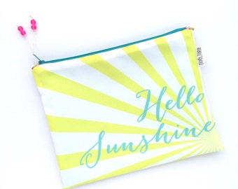 Hello Sunshine Bikini Bag, Yellow Water Resistant Wet Bag, Beach Bag Zipper Pouch, Recycled Canvas, Wipe-able Handmade Gift for Summer