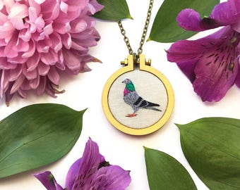 Homing Pigeon// Hand Embroidered Pendant Necklace