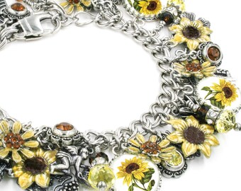 Sunflower Jewelry, Sunflower Bracelet, Charm Bracelet, Sunflower Yellow, Sunny Bracelet, Sunflower Seed Charm in stainless steel