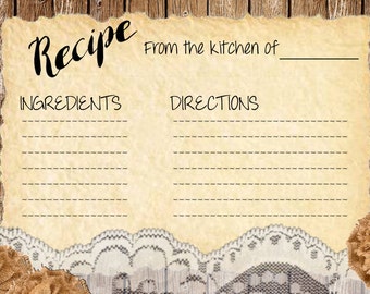 Rustic recipe card, recipe card, DIY recipe card, printable recipe card, rustic recipe card, ivory lace, tea stained lace