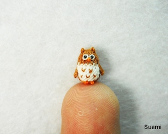 Micro Mini Brown Owl - Tiny Handmade Crochet Amigurumi Miniature Owls - Made To Order