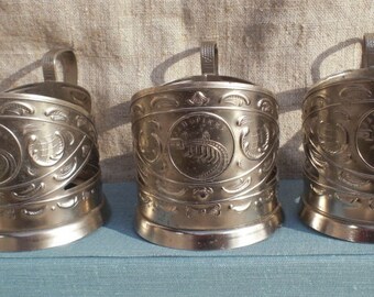 Metal glass holder traditional Russian tea glass holder USSR vintage hot drink coaster silver color Podstakannik Zaporozhye Ukraine set of 3