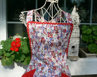 Patriotic Style Apron, Cotton Fabric, Features Children All Around the World, Red, White, and Blue, Patriotic Flags