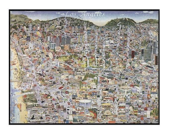 Vintage Los Angeles Map CA Print Hand-Drawn L.A. California Art Retro Illustration Cartography Urban City Custom Fold-Out Drawing Poster
