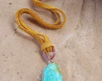 Turquoise Choker Necklace - Kingman Turquoise - Leather - 16 inch - Copper - Cowgirl Jewelry - Boho - Rustic Jewelry