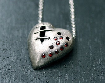 My Bloody Valentine Sutured Heart Necklace Sterling Silver Garnet Free Domestic Shipping