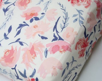 Blush Pink Floral and Coral Peach Fitted Crib Sheet, Mini Crib Sheet or Changing Pad Cover