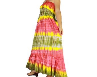 Smocked rainbow tie dye cotton 2 in 1 boho hippie off shoulder tube dress maxi summer sundress comfy beach casual dress long skirt (65)