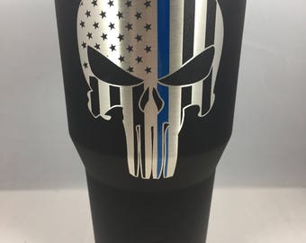 Thin Blue Line Punisher Powder Coated YETI Tumbler, Punisher Thin Blue Line cup, YETI First Responder Cup, Ozark Trail thin blue line cup