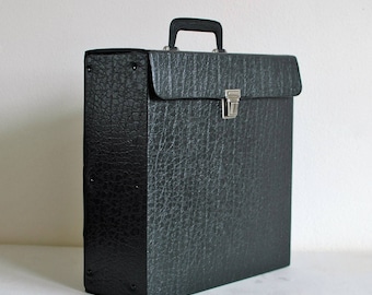 Vintage black vinyl record case, music lp organizer, Dutch Vintage, vintage storage, top handle, 1970, 12 inch carry on case croc print case