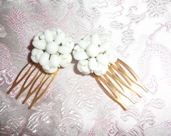 Authentic Vintage Two White Milk Glass Gold Hair Comb, WEDDING, BRIDE, PROM