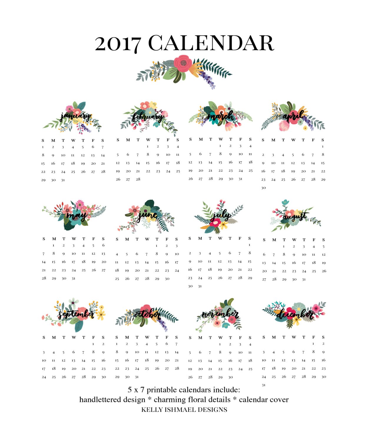2017 Calendar Printable Calendar 5x7 Calendar Desktop