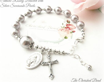 Catholic Rosary Bracelet with Beautiful Silver Swarovski Pearls