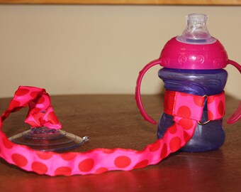 Sippy Cup Leash, Sippy Cup Strap, Suction Sippy Strap, Toddler Gift, Christmas Gift, Baby Shower Gift - Hot Pink Dots
