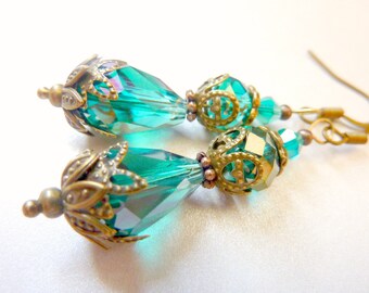 Teal Earrings Teal Gold Earrings Teal Crystal Drop Earrings