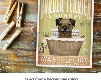 Border Terrier dog laundry basket laundry room art vintage style artwork by Stephen Fowler Giclee Signed Print