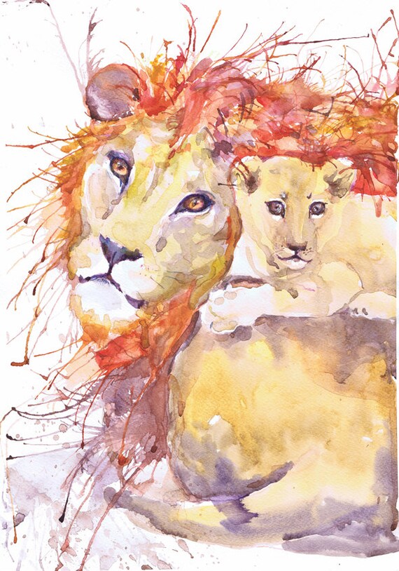 Items similar to Lion cub, watercolor painting, safari animals, lion ...
