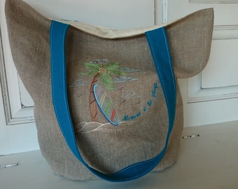 Beach bag, embroidered linen tote bag