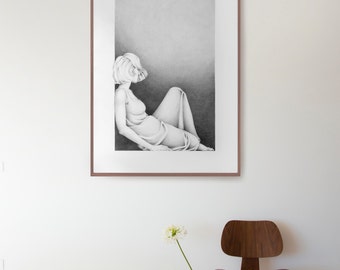 Large pencil drawing, modern female pencil art, pencil art, original drawing, art drawings, drawing, large wall art, modern art, unique art