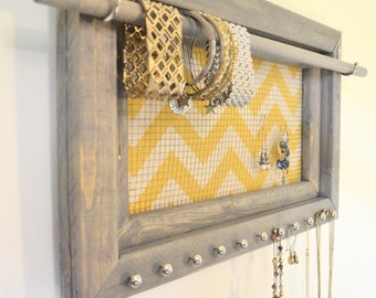 Jewelry organizer - yellow chevron, jewelry display, handmade jewelry frame