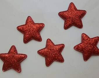 5 appliques red stars glitter 34 mm