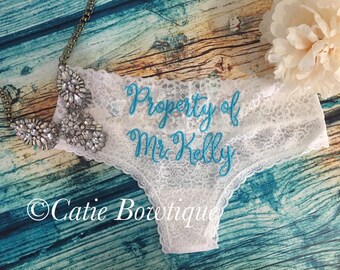 Property of Mr. /Bridal Monogram Cheeky Panties/ wedding something blue underwear/ custom white lace cheeky/ Mrs / Bride/ bride gift/ bridal
