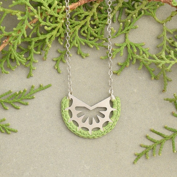 Minimalist Necklace, Dainty Necklace, Apple Green Necklace, Crochet Necklace, Delicate Necklace, Crescent Necklace ,Half Moon Necklace