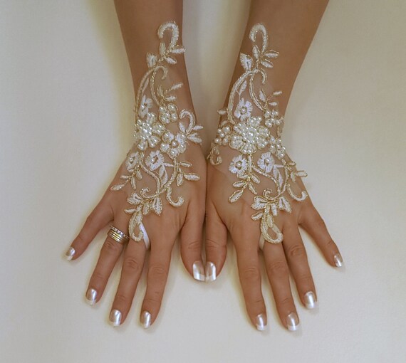 Ivory gold or ivory silver frame wedding gloves bridal gloves lace gloves fingerless gloves ivory gloves w