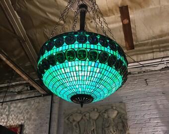Inverted Iridescent Stained Slass Done with Ornate Brass Arm Chanderier