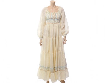 Vintage 70s Gunne Sax Dress 1970s Cream Calico Floral Striped Prairie Festival Dress, Boho Wedding Dress Hippie Renaissance Fair Dress / S