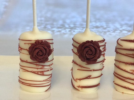 Maroon Drizzled Chocolate Covered Marshmallows with Edible Rose