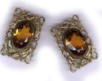 vintage AMBER GLASS CHANNEL set rectangle filigree connectors bridal findings brass russian gold plate