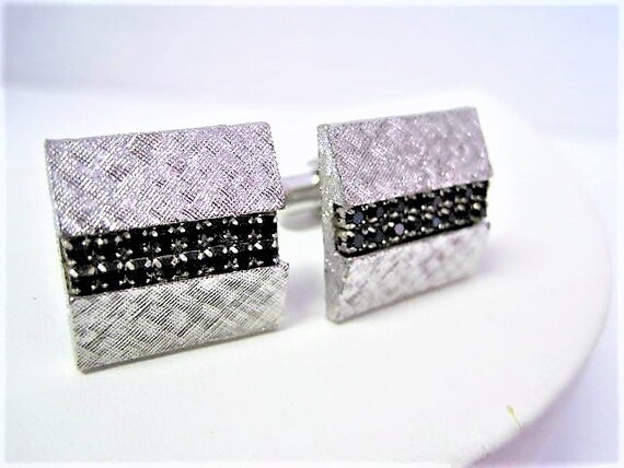 Black Rhinestone Cuff Links, Unsigned, Brushed Silver Tone, Classy and Elegant