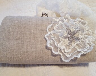 Linen Starfish Bridal Clutch - Beach Wedding Clutch - Beach Bride, Tropical Wedding - Bridal Purse