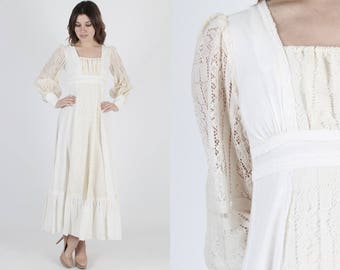 Gunne Sax Dress Wedding Dress Bridesmaids Dress Renaissance Dress Vintage 70s Dress Boho Sheer Ivory Floral Lace Hippie Prairie Maxi Dress