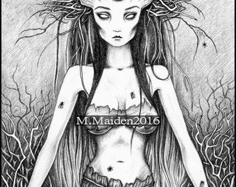 Wood Nymph ORIGINAL Drawing Pencil Art Dark Faerie Horned Woman Wood Nymph ORIGINAL Drawing Pencil Art Dark Faerie Horned Woman
