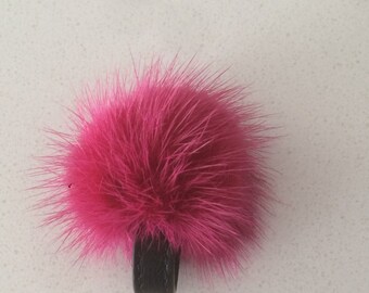Fuschia furry ring, Mink pompom ring, Mink finger ring with genuine leather.Real fur ring