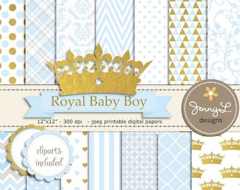 50% OFF Gold Crown Digital papers and Clipart, Royal Prince Boy Baby Shower, Birthday Blue Birth Announcement, Scrapbooking Paper Party Them