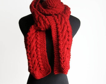 Hand Knit Scarf, Red Cable and Lace Scarf,The Stef Scarf, Red Cable Knit Scarf, Winter Scarf, Fall Accessories, Red Scarf, Womens Scarf