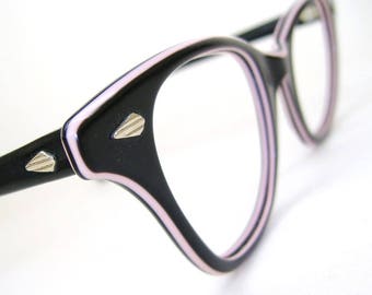 Vintage Horn Rim Black and Pink Cat Eye Glasses Eyeglasses Sunglasses Atomic Frame