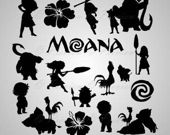 Buy 2 Get 1 Free! Digital Clipart Silhouettes "Moana" cartoon characters Disney, pua, rooster black images png/eps/svg/dxf and studio files