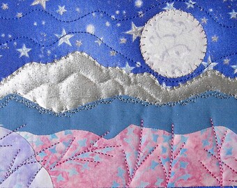 Fabric Postcard, Moon and Stars Quilted Fabric Postcard, Landscape Mountain Postcard, Fiber Art, Greeting Card, Romantic Night