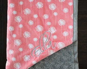 Embroidered Minky Blanket, minky baby blanket, personalized baby blanket, baby girl, minky blanket, baby girl, coral, coral grey, baby gift