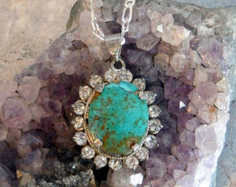 Vintage Turquoise and Silver Plate Pendant Necklace Surrounded by Rhinestones - Large 18 x 15 mm Oval Stone - Boho Style - Sterling Chain