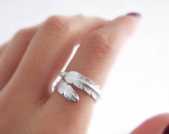 925 Sterling Silver Feather Adjustable Ring, Adjustable Ring, Feather Ring, Boho Ring, Bohemian Rings, Gift for Her, Boho Feather Ring